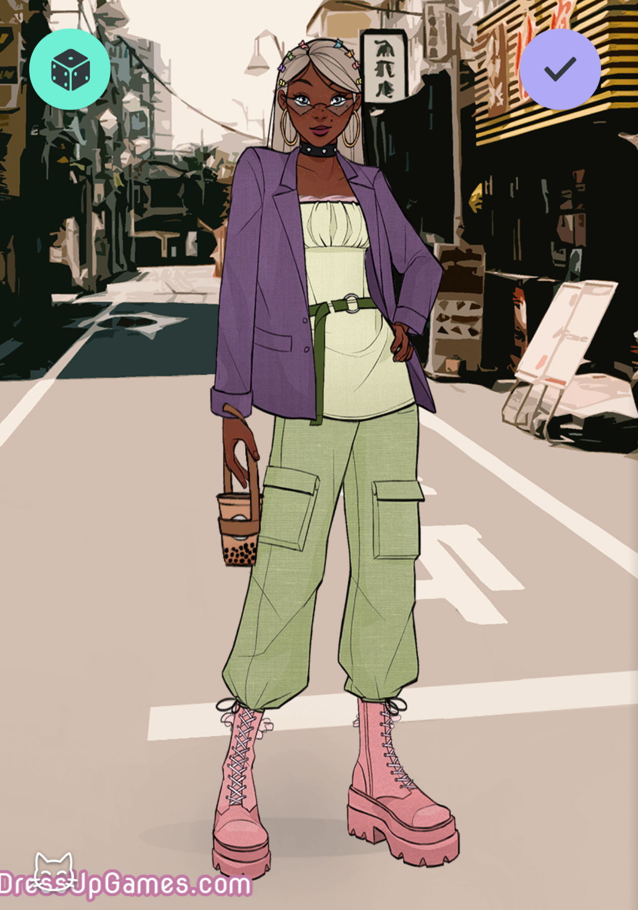 Illustration of a lavender-haired young black woman wearing a purple blazer, light yellow top, mint green army trousers and pastel pink combat boots.