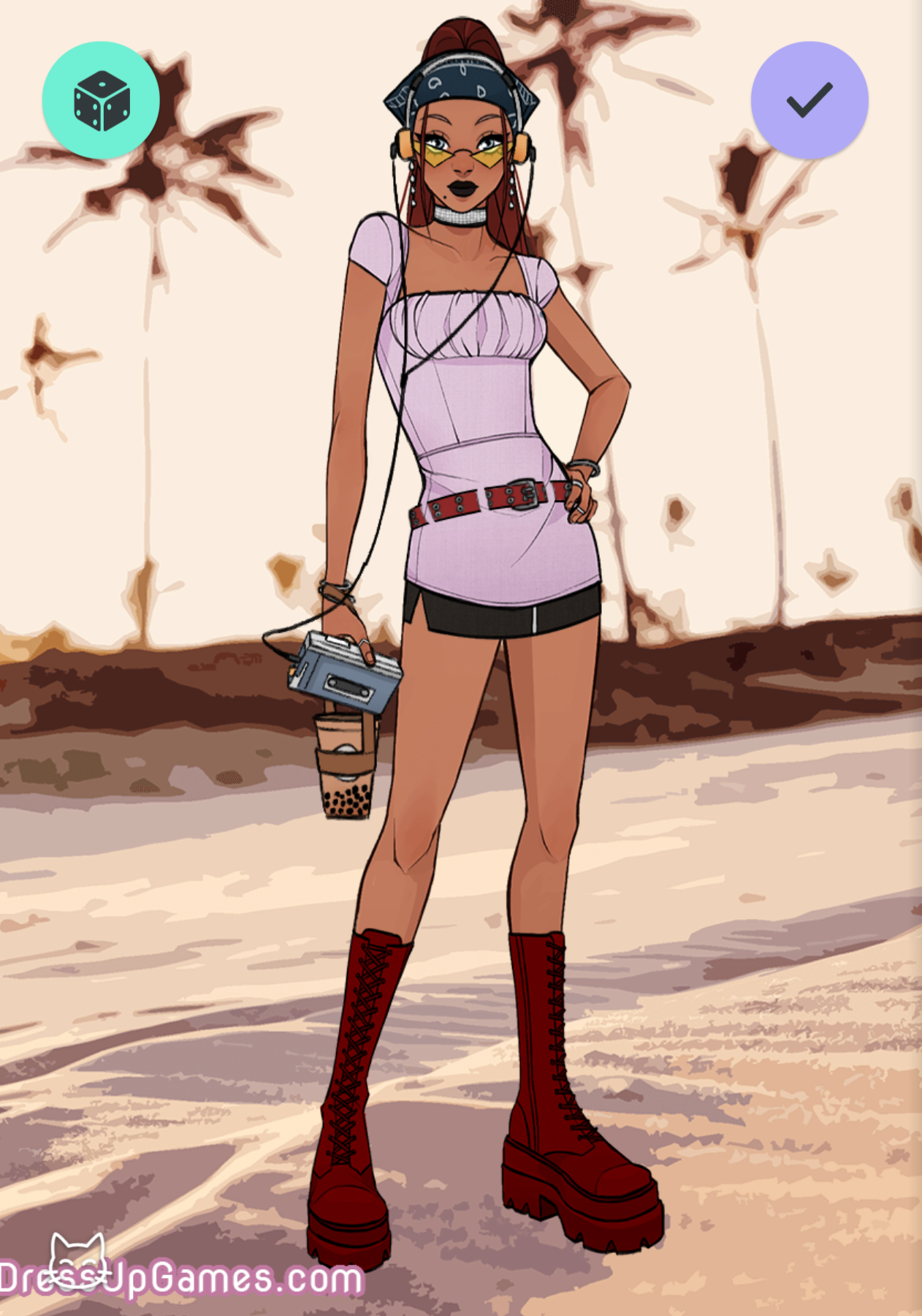 Illustration of a tanned young woman wearing a bandana, choker, clear-framed Tony Stark-style glasses, pastel pink milkmaid puff-sleeved dress on top of a miniskirt, holding a walkman and bubble tea.