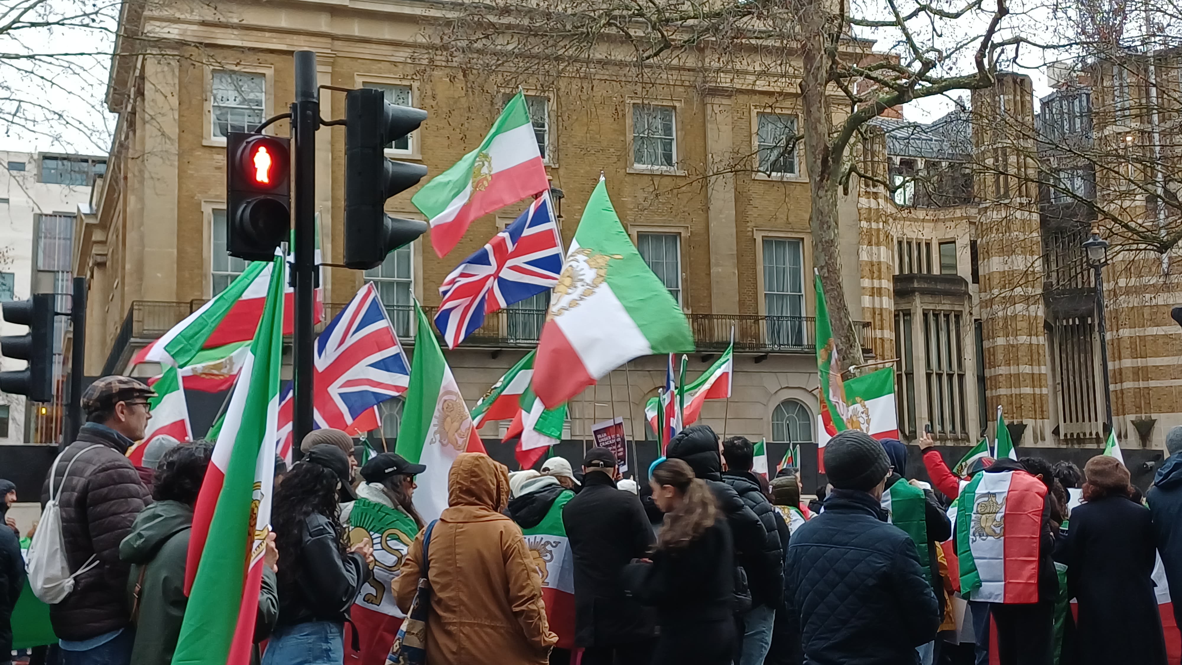 Thousands gather for Iran solidarity rally in Trafalgar Square, London on 7 February 2026. Image Credits: Nayonika Manna.