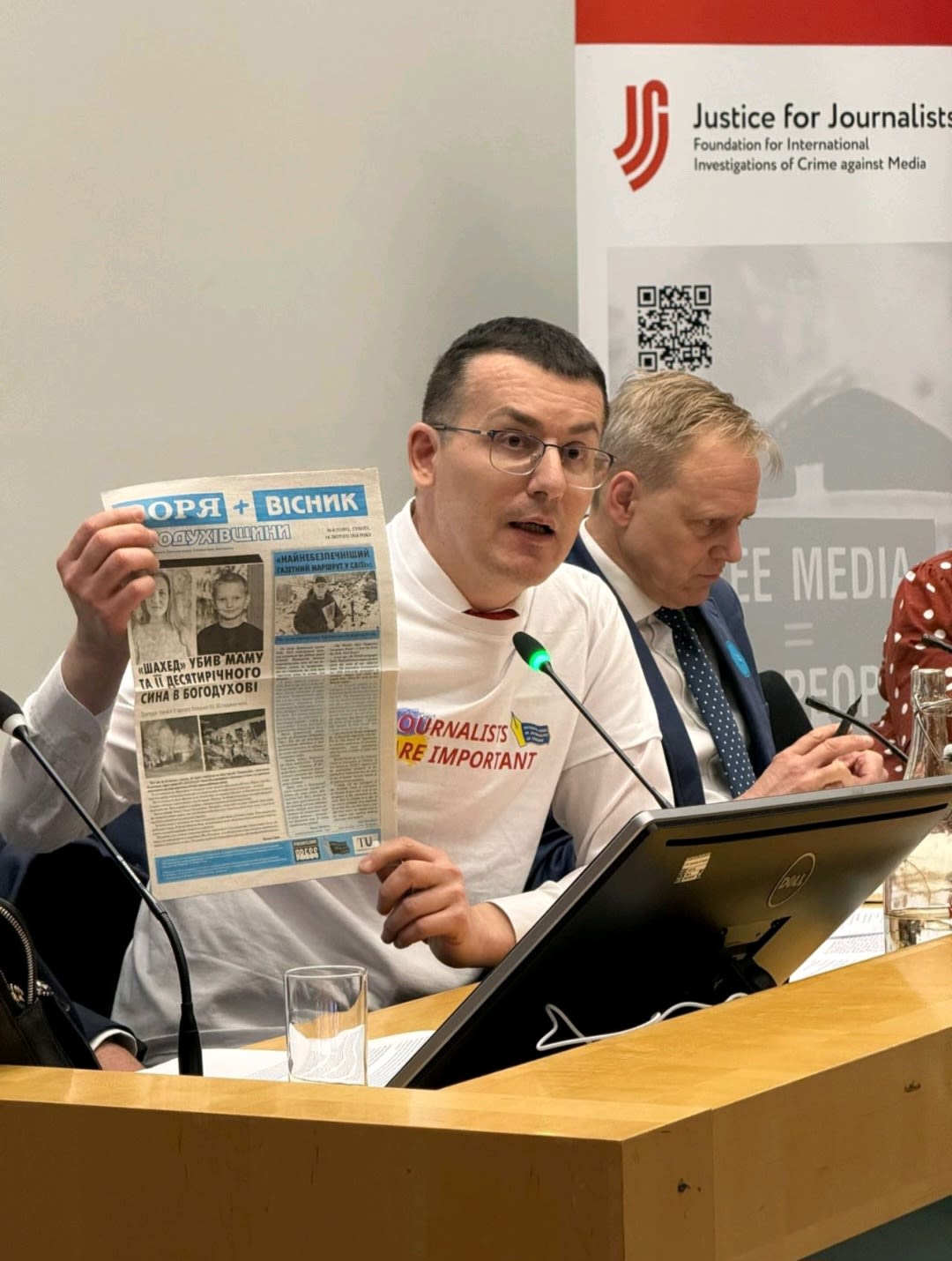 Sergiy Tomilenko, the president of the National Union of Journalists of Ukraine, at UK Media Freedom Forum in London. Image credits: Justice for Journalists Foundation.