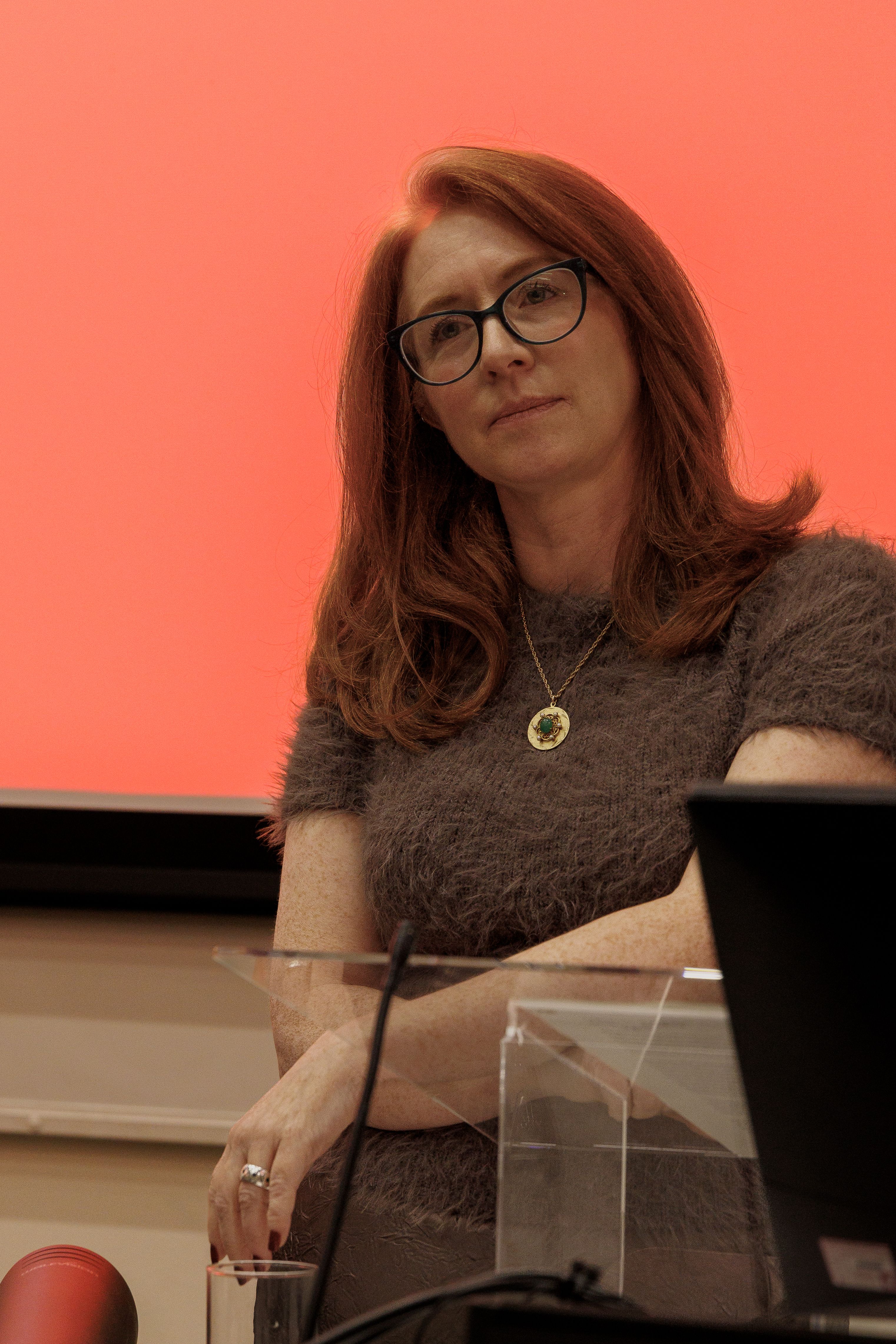 Jodie Ginsberg, CEO of the Committee to Protect Journalists, delivering the James Cameron Lecture on the urgent need to protect journalists at City St George's, University of London. Photo Credits: Maria Martinez-Ugartechea.