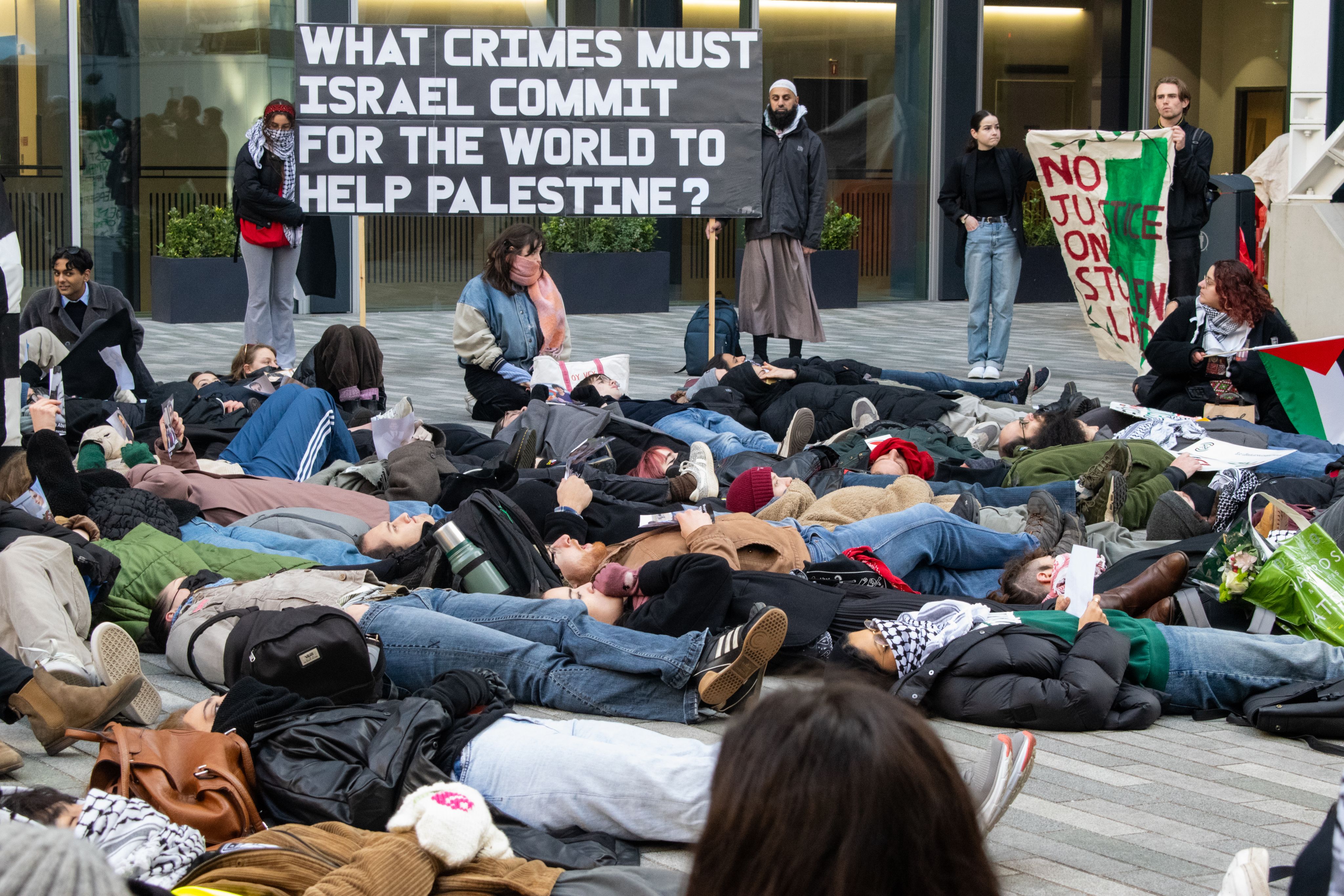 Students protesting outside universities in London to demand an immediate ceasefire and an end to support for Israel's occupation of Palestine. Image Credits: Nayonika Manna.